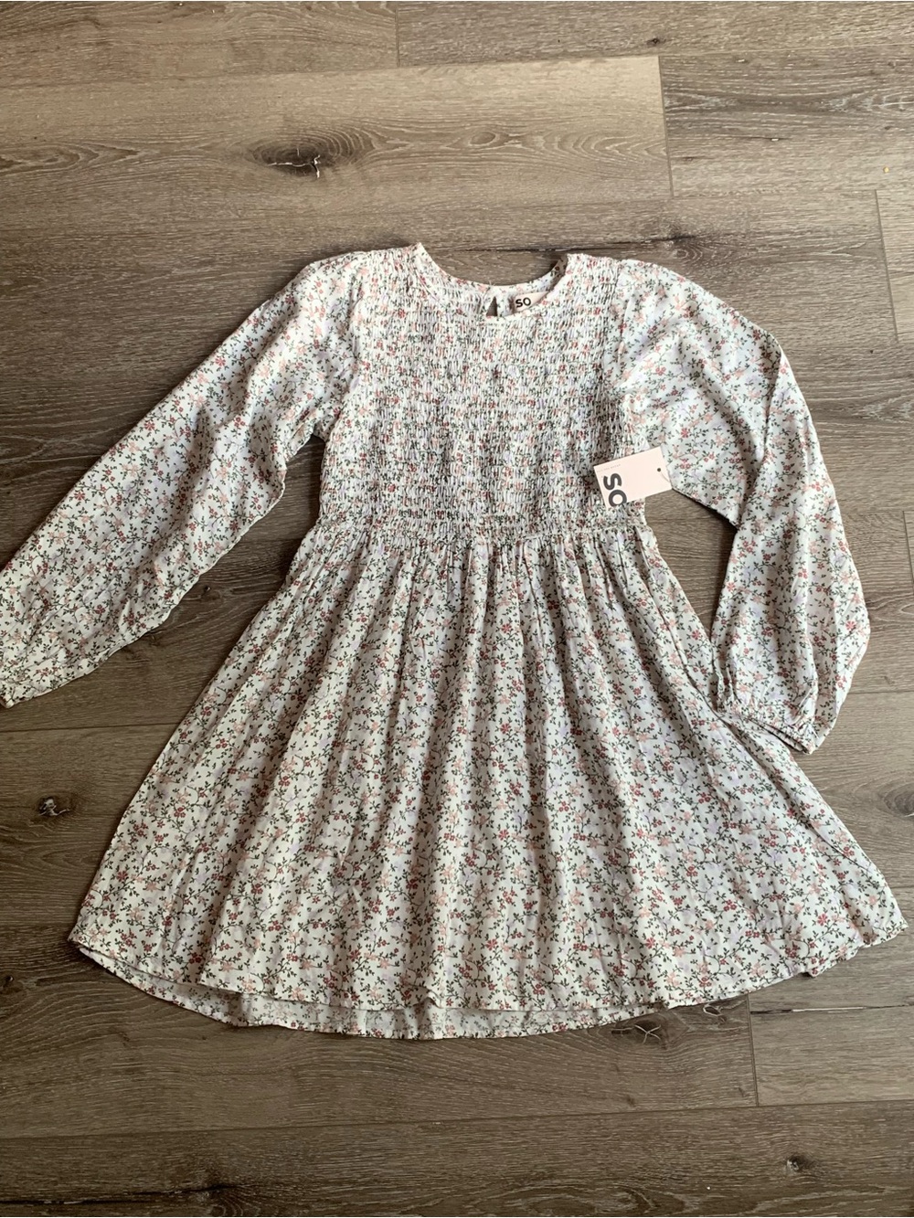 SO Cream Floral Smocked Long-Sleeve Dress with Pink Accents Size S